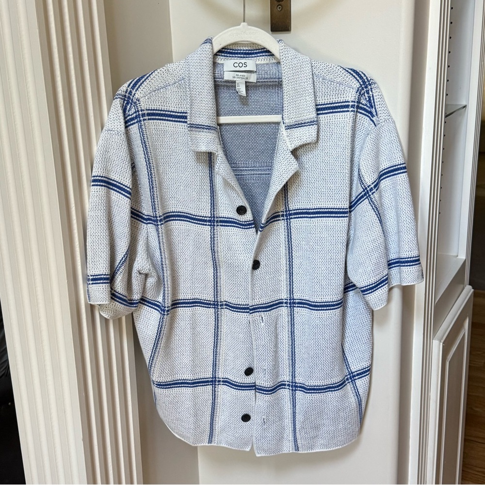 COS Men's Off-White and Blue Plaid Shirt